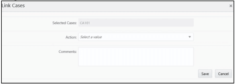 This image displays the Link Cases window. This image displays the Link Cases window.