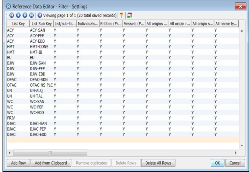 This image displays the Reference Data Editor–Filter-Settings window. This image displays the Reference Data Editor–Filter-Settings window.