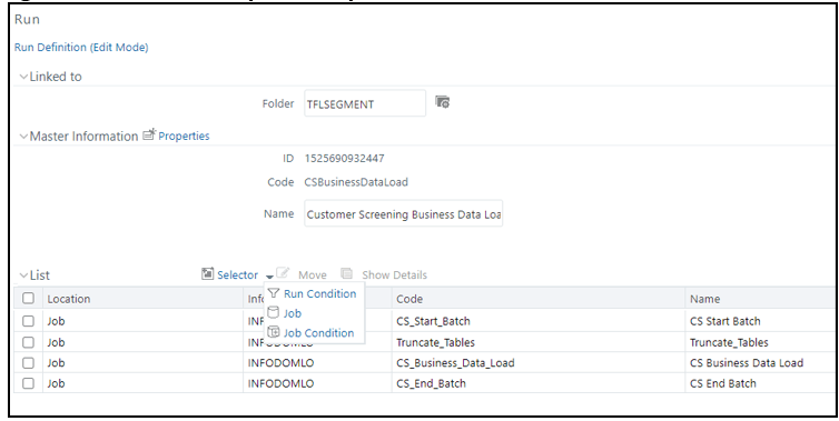 This image displays the Run Definition page (Edit mode).