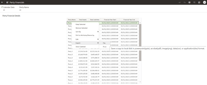 Party Financials Export