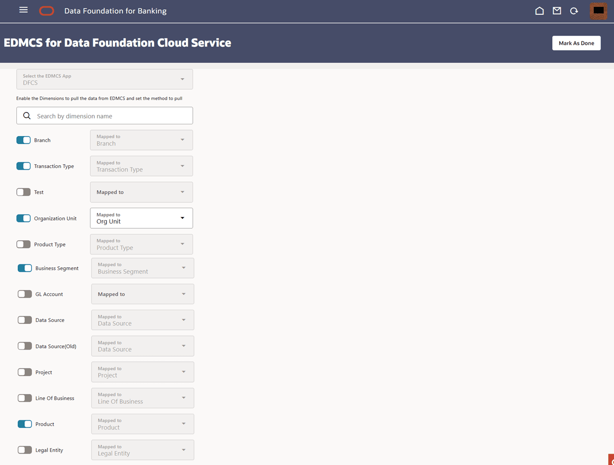The image shows the dimension mapping between EDMCS and the DFCS applications.