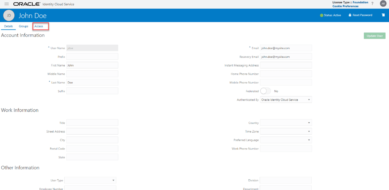 This illustration shows the user details page, in this page the details of the user such as Account Information, Work Information, and Other Information are displayed as pane. And there are corresponding field within these panes.