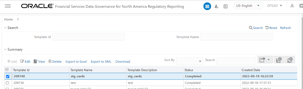 This illustration displays generated Metadata Report Templates excel report (after the export status shows as completed).