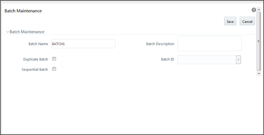 This illustration shows the Batch Maintenance window where you can create a new batch.
