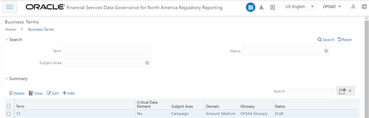 This illustration shows the Business Terms summary window information.