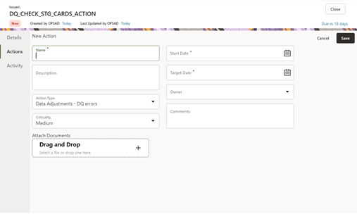 This illustration displays the Create Action hyperlink to navigate to the OFSAA Create Action page where the user can create an action.