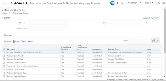 This illustration shows Critical Data Element summary table details. It lists the Critical Data Elements that are critical for a specific business process.