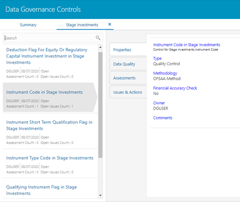 This illustration shows the Data Governance Controls – Stage investments Governance Controls details.