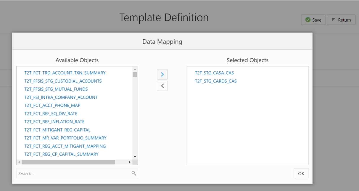 This illustration displays the Dashboard window where you can select one Filter Object from the Available Objects and move the entities to Selected Objects.