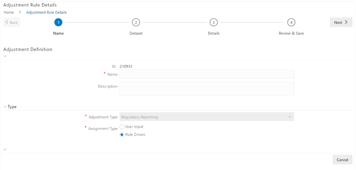 This illustration shows the Adjustment Rule Details. Enter values in the Name and Description fields.