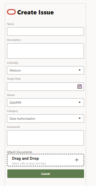 This illustration displays the Create issue page where you can create an issue and fill in the details and submit.