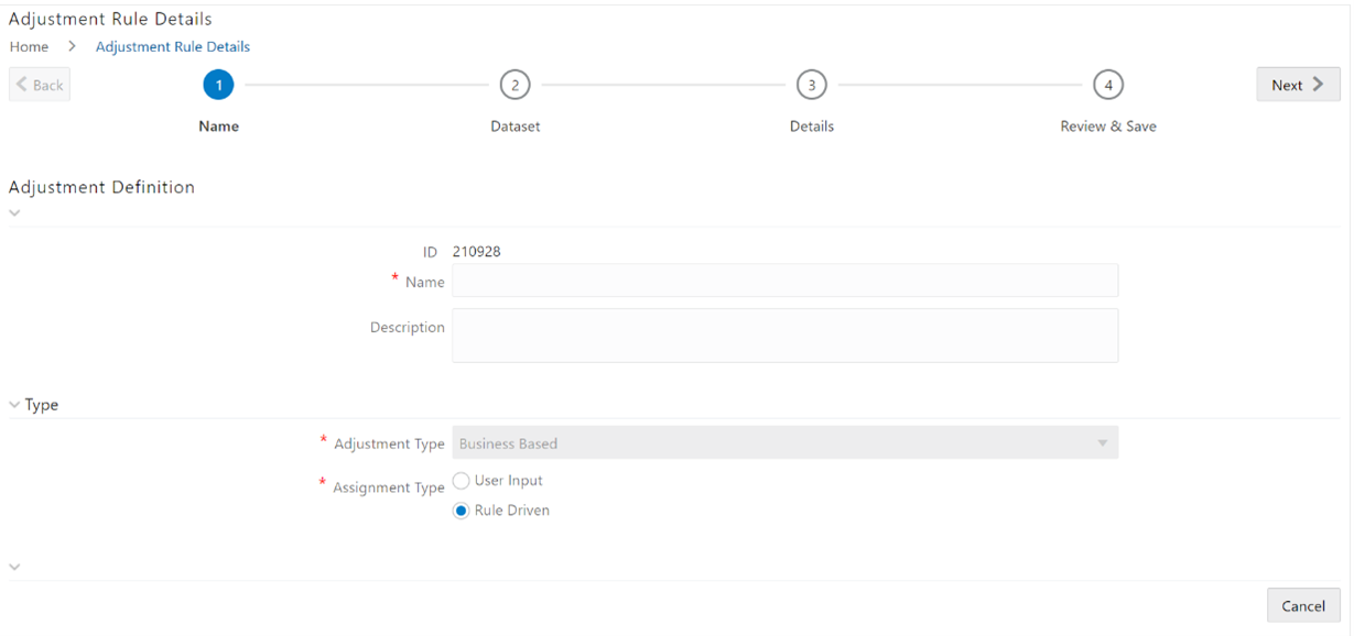 This illustration shows the Adjustment Rule Details. Enter values in the Name and Description fields.