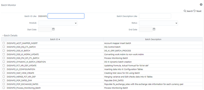 This illustration shows the Batch Monitor window where you can monitor the data adjustment batch through the Batch Monitor pane.