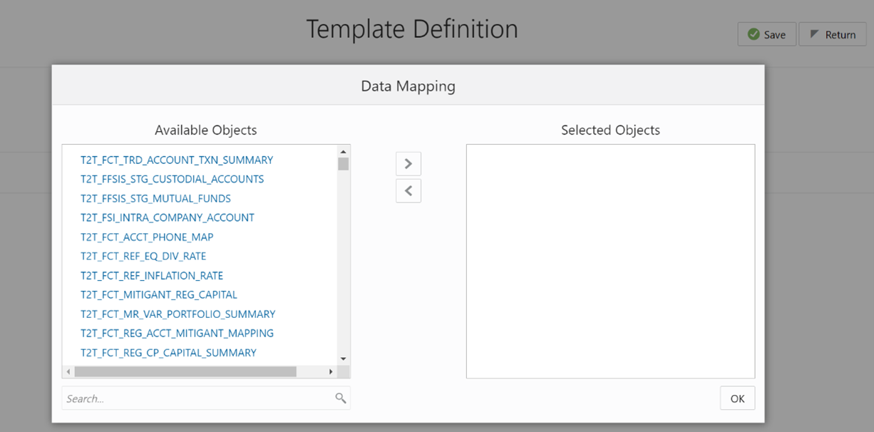 This illustration displays the Dashboard window where you can select one Filter Object from the Available Objects and move the entities.