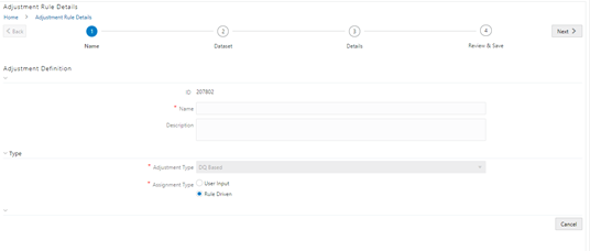 This illustration shows the Adjustment Rule Details. Enter values in the Name and Description fields.