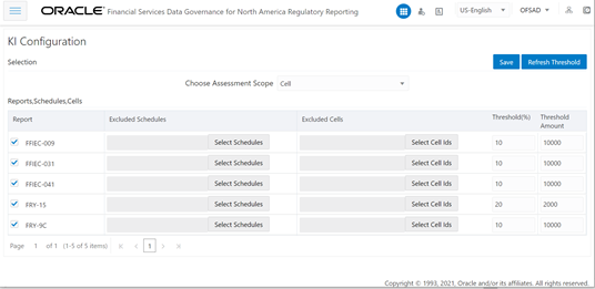 This illustration shows KI Assessment Configuration section. In the Report column, select the checkboxes for the reports whose schedules and cell IDs you want to exclude.