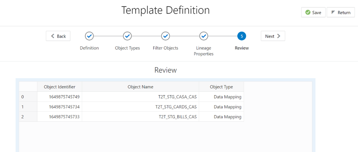 This illustration displays Lineage Property details. You must review the Template Definition and click Save.