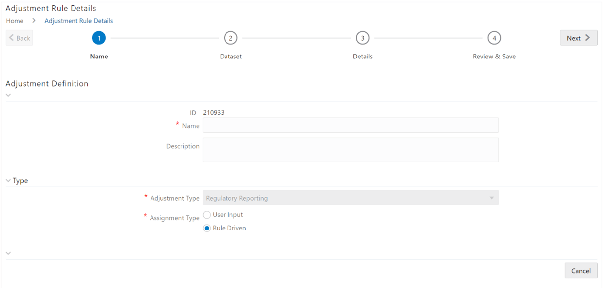 This illustration shows the Adjustment Rule Details. Enter values in the Name and Description fields.