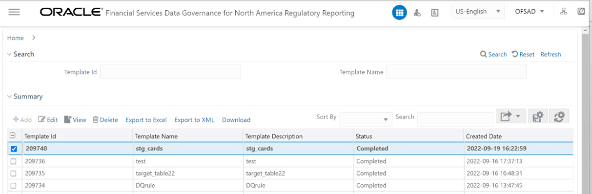 This illustration displays generated Metadata Report Templates excel report (after the export status shows as completed).