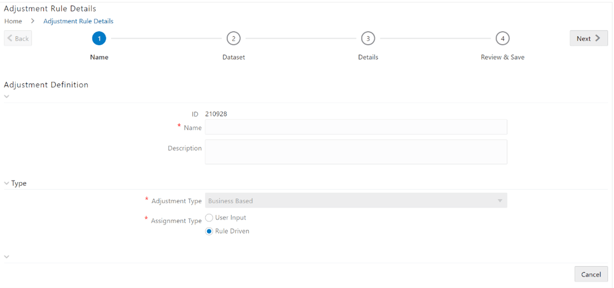 This illustration shows the Adjustment Rule Details. Enter values in the Name and Description fields.