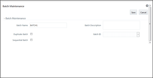 This illustration shows the Batch Maintenance window where you can create a new batch.