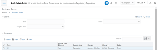 This illustration shows the Business Terms summary window information.