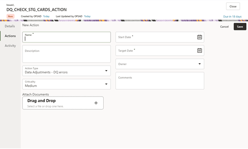 This illustration displays the Create Action hyperlink to navigate to the OFSAA Create Action page where the user can create an action.