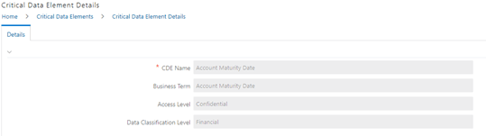 This illustration shows the Critical Data Element Details summary window.