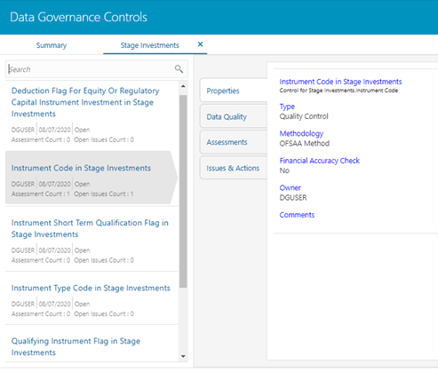 This illustration shows the Data Governance Controls – Stage investments Governance Controls details.