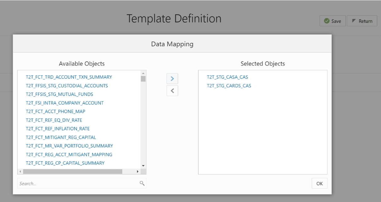 This illustration displays the Dashboard window where you can select one Filter Object from the Available Objects and move the entities to Selected Objects.