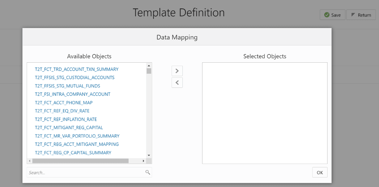 This illustration displays the Dashboard window where you can select one Filter Object from the Available Objects and move the entities.