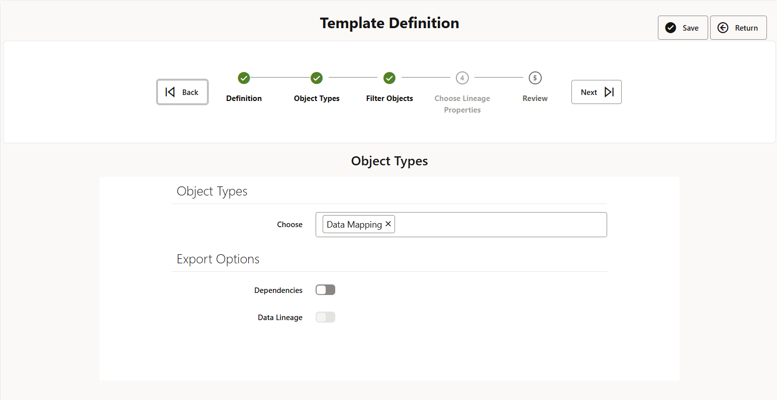 This illustration displays Template Definition page.