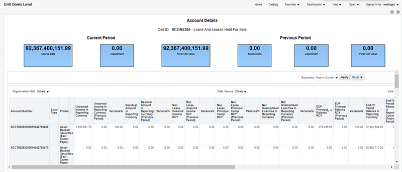 This illustration displays the Variance drill down report. It supports additional filter based on delta account across time periods.