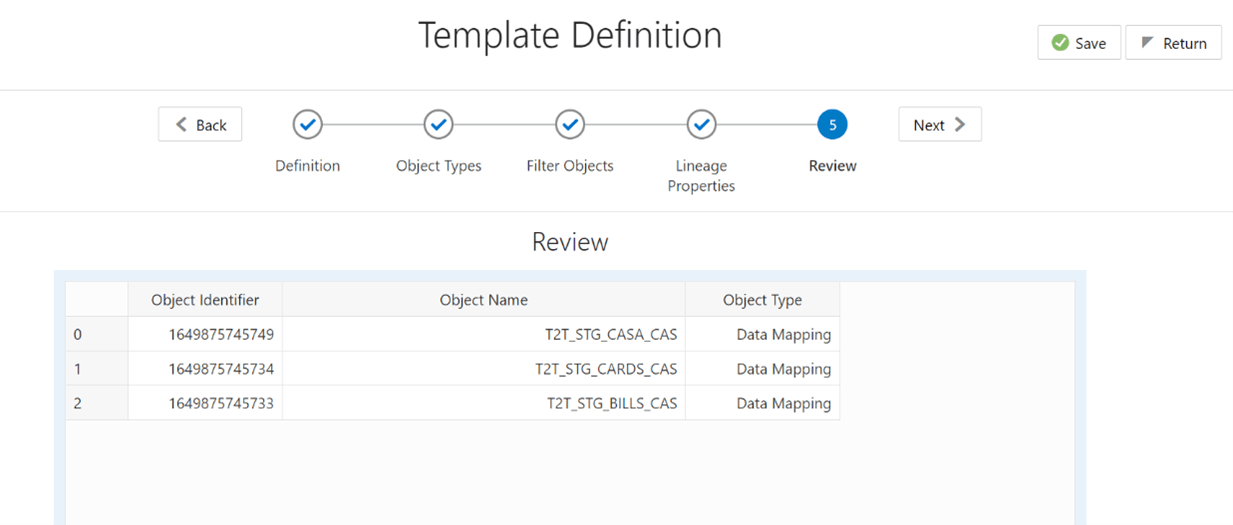 This illustration displays Lineage Property details. You must review the Template Definition and click Save.