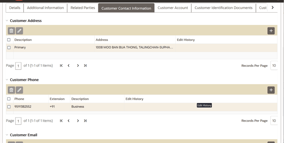 Customer Details tabs
