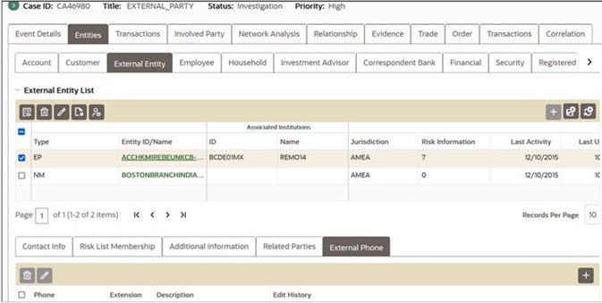External Entity Details tabs