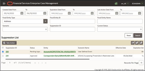 Suppression Administration Search Results