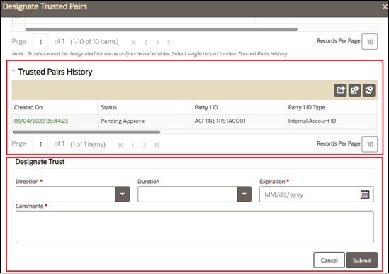 Trusted Pairs History and Designate Trust page