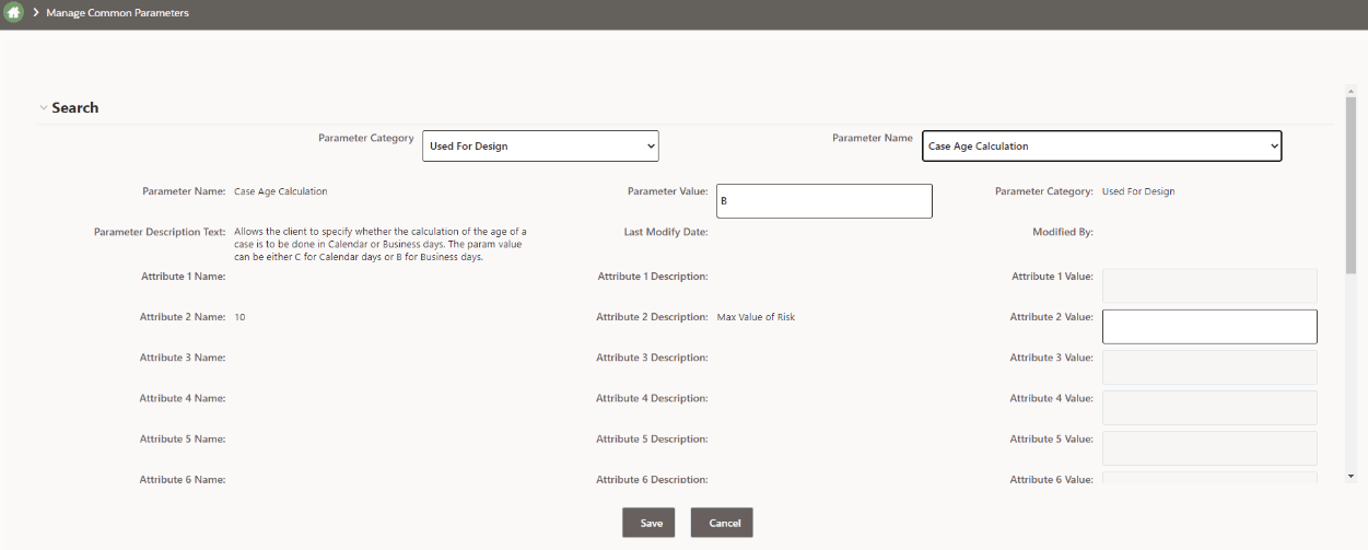 This image shows the Case Age Calculation parameter screen.