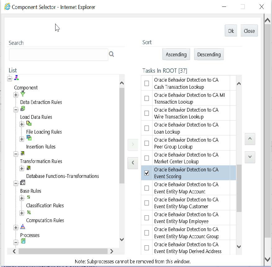 This image shows the deselecting of Oracle Behavior Detection to CA Event Scoring Process screen.