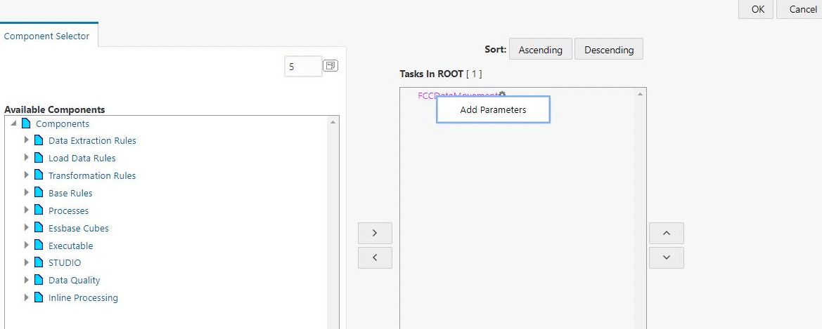 This image shows the FCC Data Movement and Add Parameters screen.