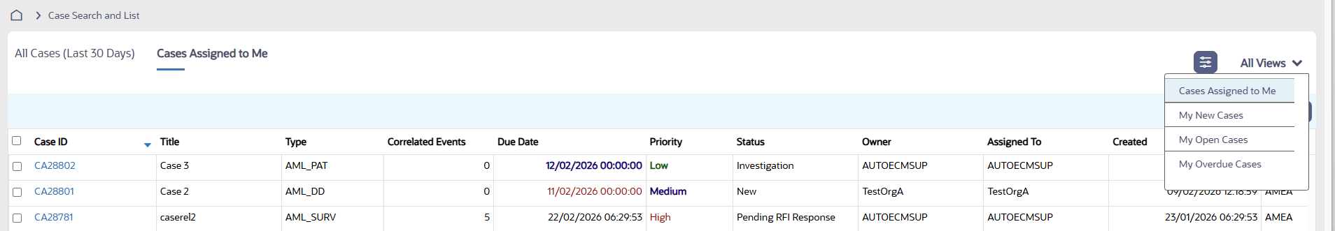 Case Search and List screen Case Search and List screen