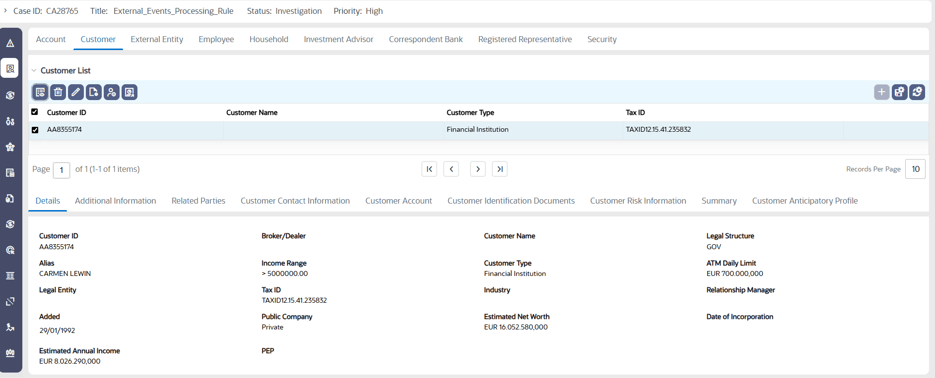 Customer Details tabs