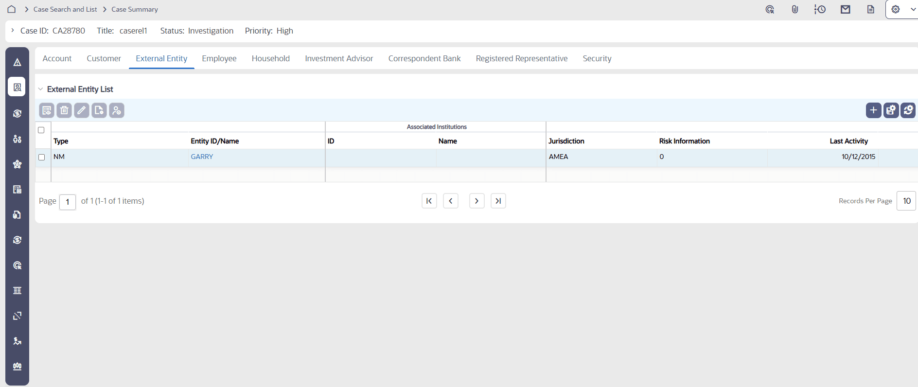 External Entity Details tabs