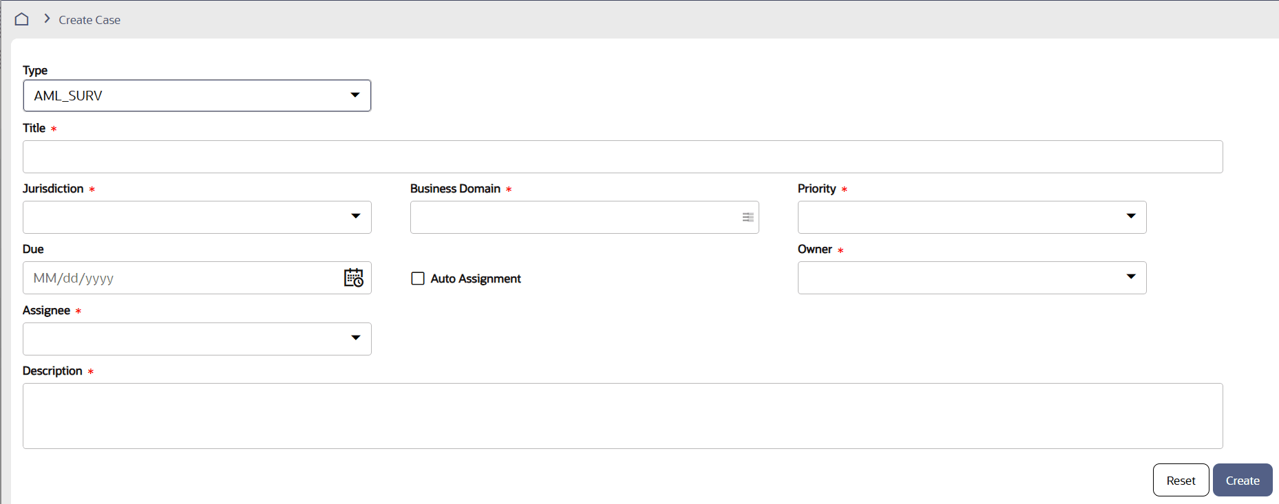 Create New Case screen