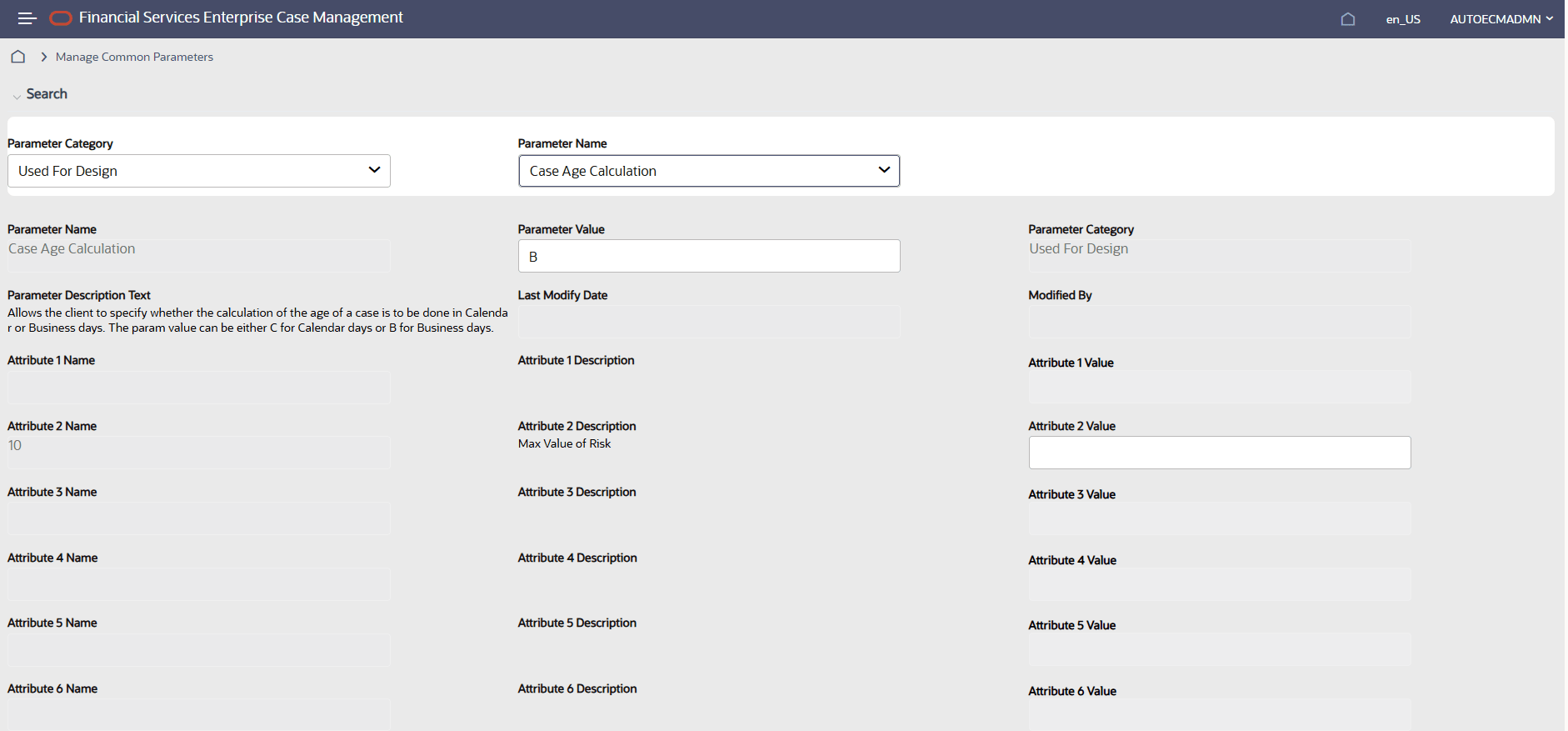 This image shows the Case Age Calculation parameter screen.