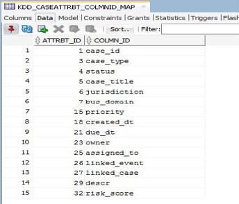 This image shows the KDD_CASEATTRBT_COLMNID_MAP table fields.