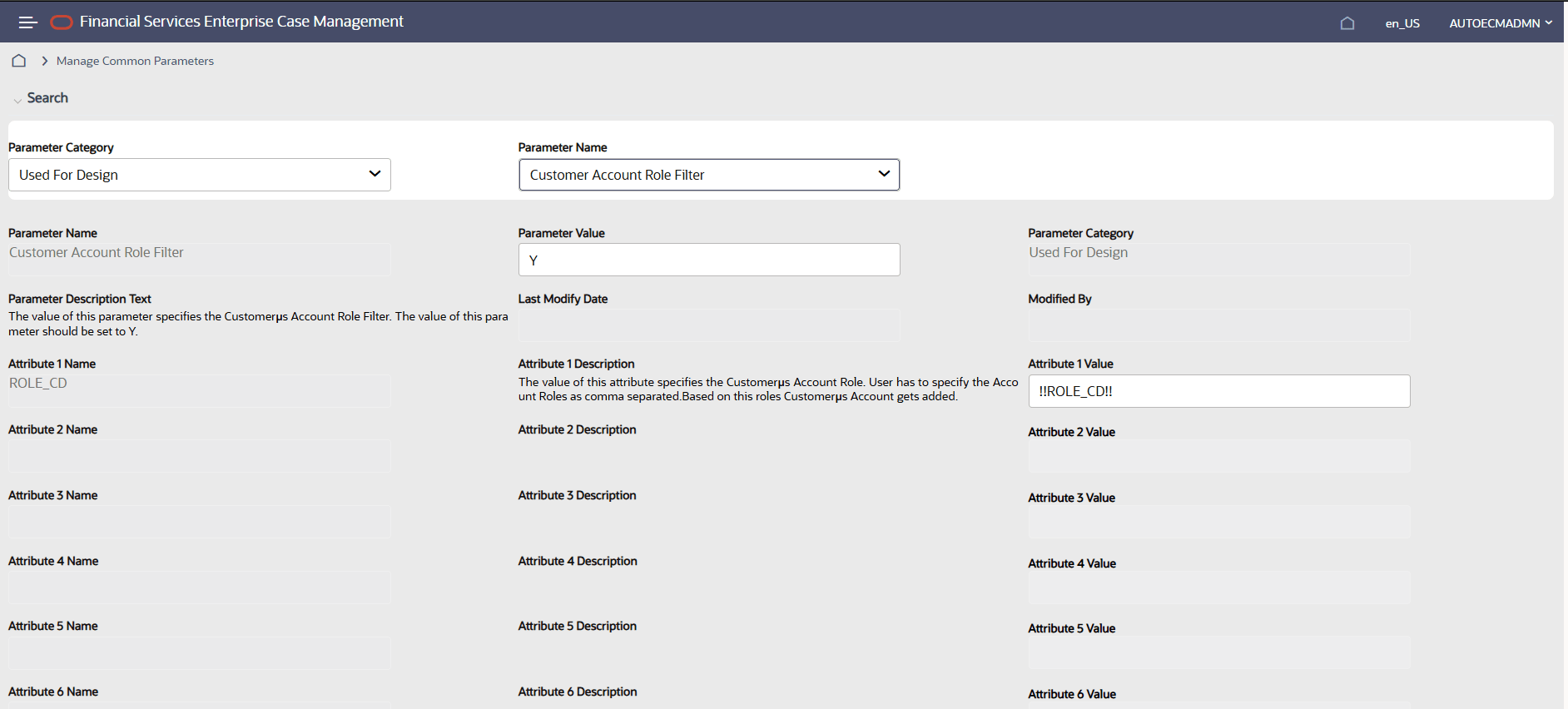 This image shows the Manage Common Parameters screen.