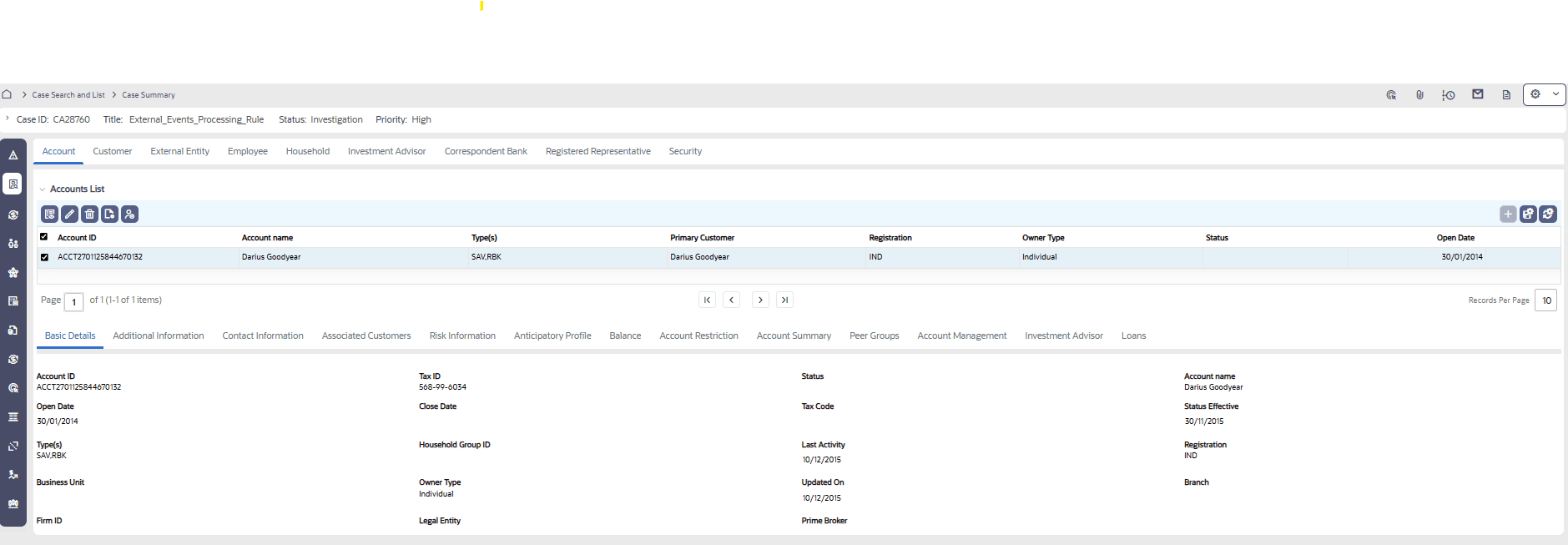 Account Details tabs