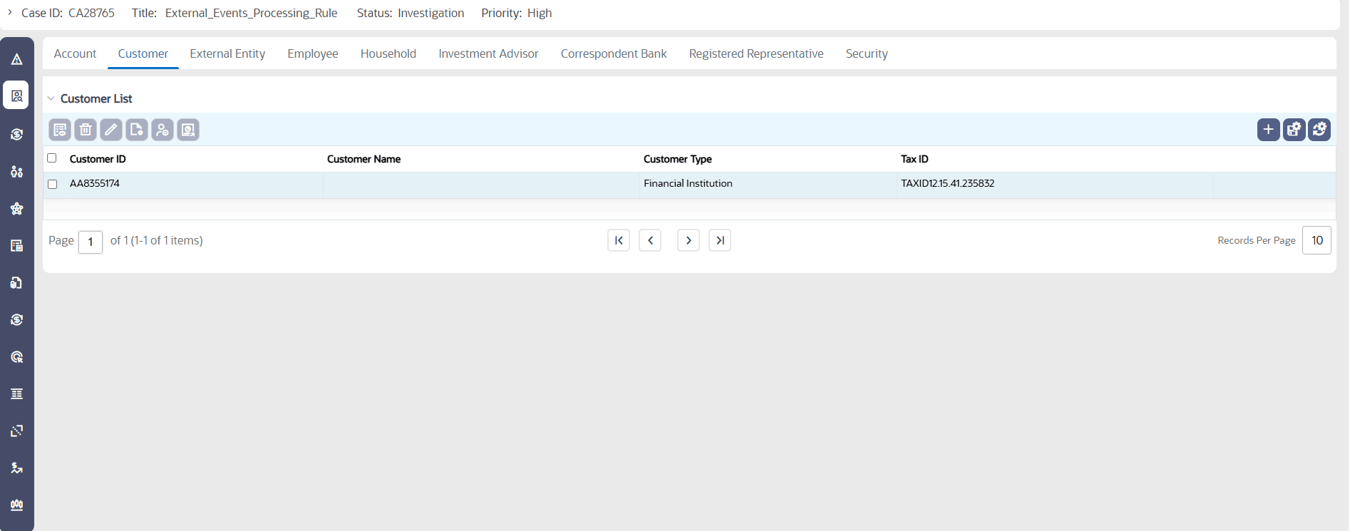 Customer List screen